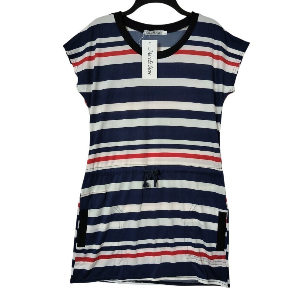Marc & Steve Drawsting Waist Short Dress Nautical Stripes Pockets Women's Large